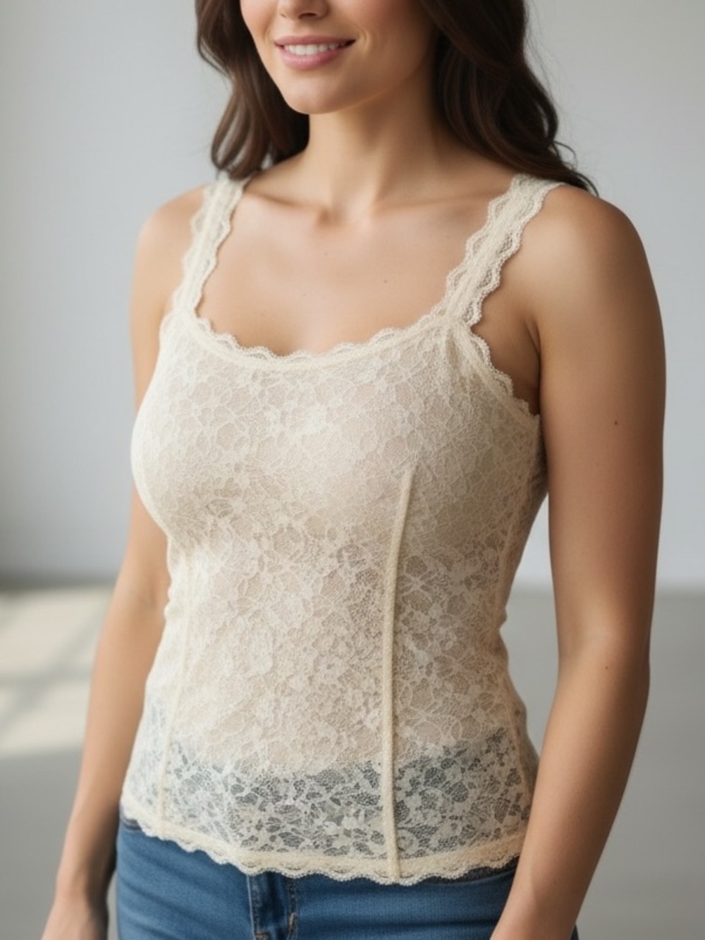 Romantic Lace Tank‎ Top Cream Nude Lined Cami Blouse Feminine Chic Size Med - Picture 2 of 12